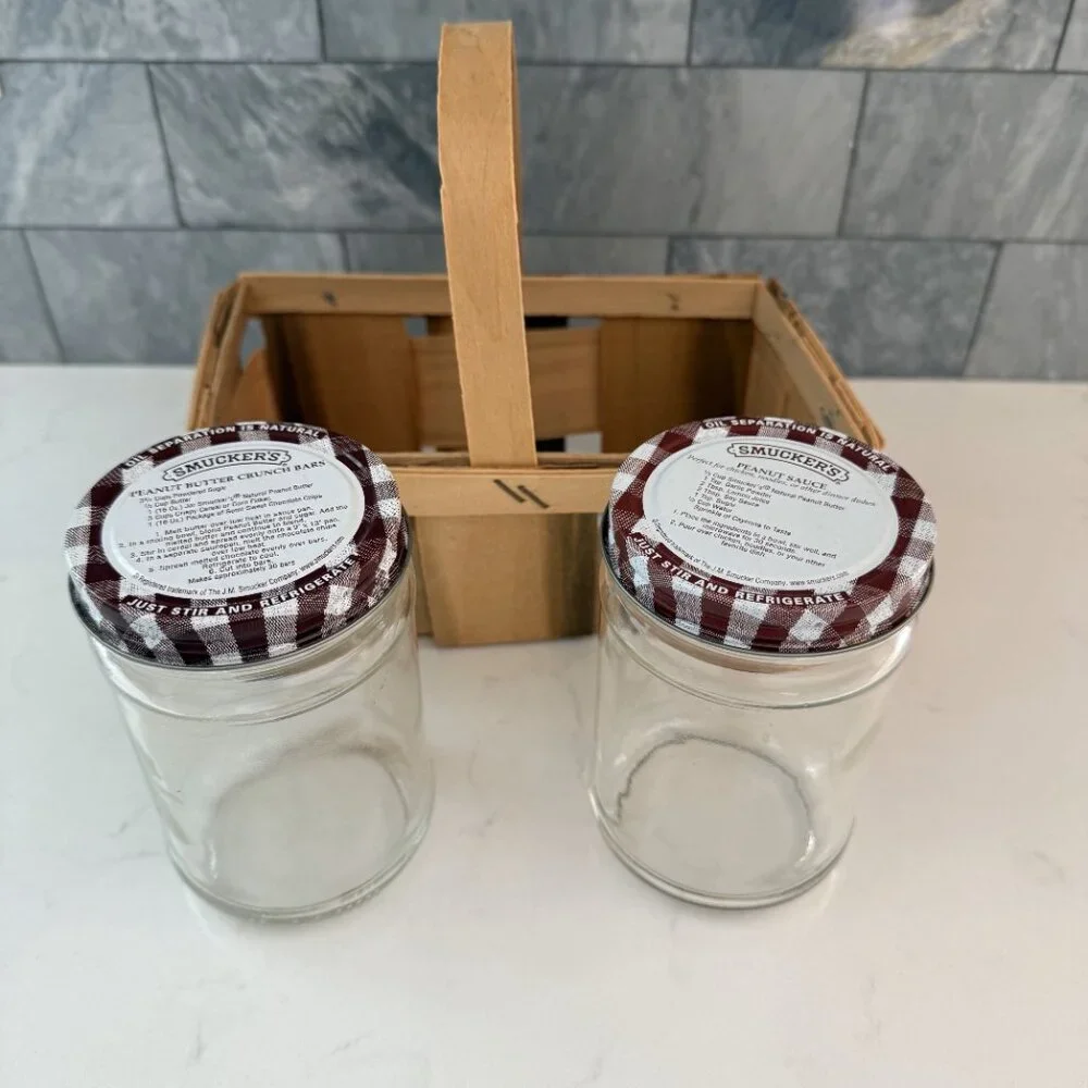 Vintage Farmhouse Split Slat Wood Woven Basket w Handle & 2 Smuckers 16 oz Jars